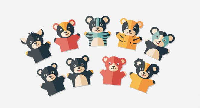 A collection of cute bear-shaped hand puppets arranged in two arched rows