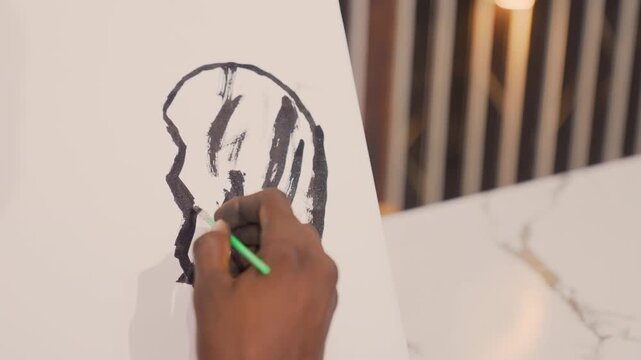 Black painting on upright canvas closeup of hand adding textured strokes with green pencil, warm lamp glow over marble tabletop, modern illustrator iterating silhouette lines and shading.