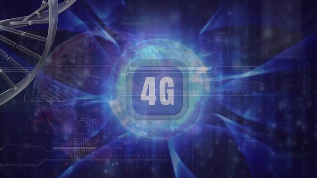 Animation of data processing over 4g text and dna strand