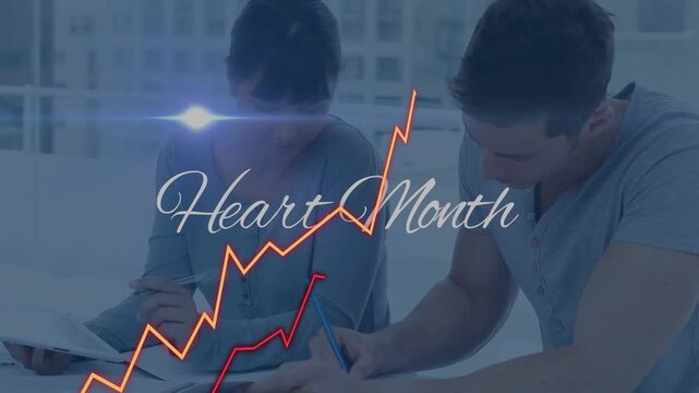 Animation of data processing and heart month text over diverse students writing
