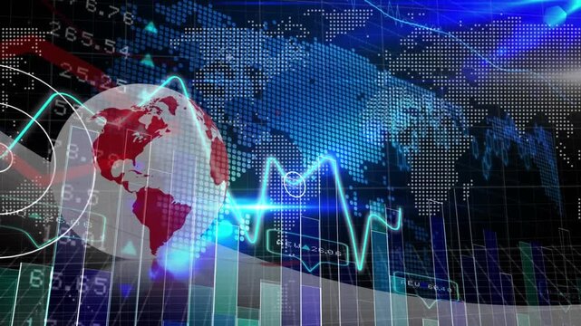 Animation of financial data processing over world map and globe on black background