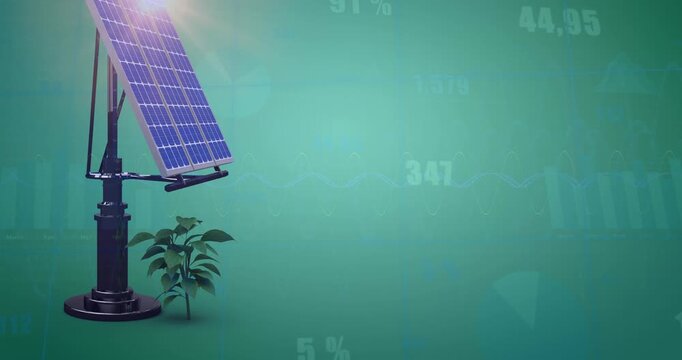Animation of financial data processing over solar panel on green background