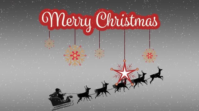 Animation of christmas greetings over santa claus in sleigh with reindeer and snow falling