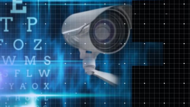 Animation of data processing over security camera on blue background