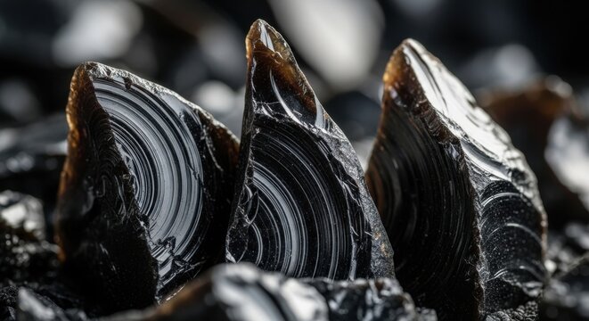 Sharp, angular fragments of dark volcanic obsidian glass with striking striations, showcasing natural geological textures.