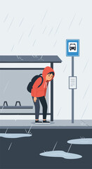 A sad person in a red hoodie waits for a bus at a station during a rainstorm