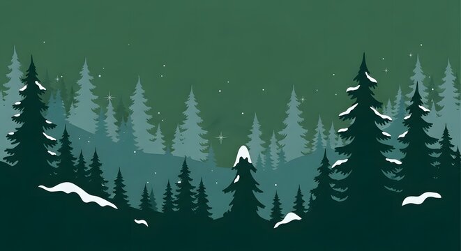 Winter Forest Landscape Layered Illustration Green Night Scene