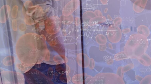 Animation of red blood cells, neurons and mathematical equations over caucasian man opening door