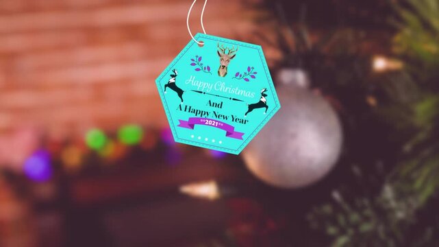 Animation of happy christmas and happy new year text banner hanging against decorated christmas tree