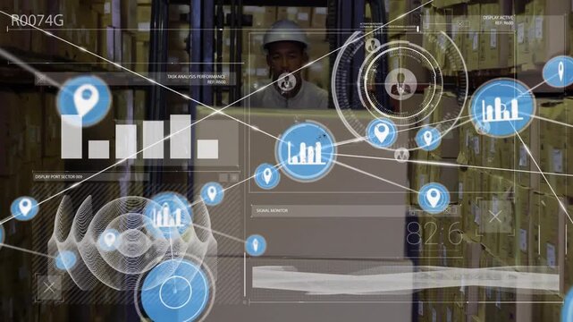 Animation of data processing and network of icons over male worker operating forklift at warehouse