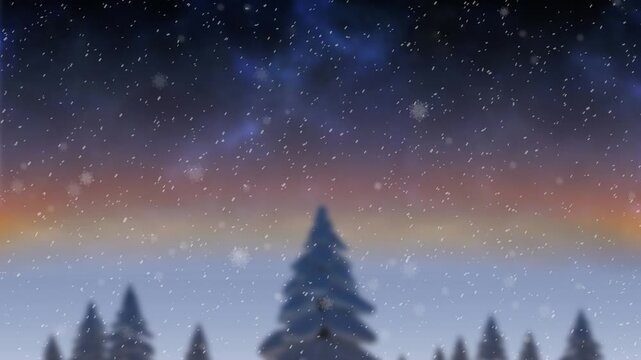 A number of glowing snowflakes are falling against a black background