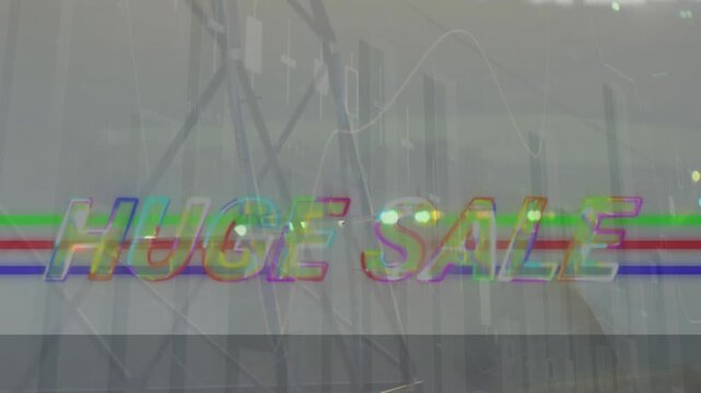 Animation of huge sale text banner and statistical data processing against grey background