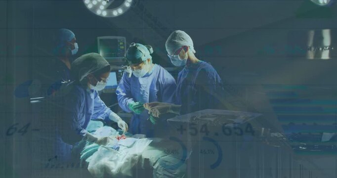 Animation of statistical data processing over team of surgeons performing surgery at hospital