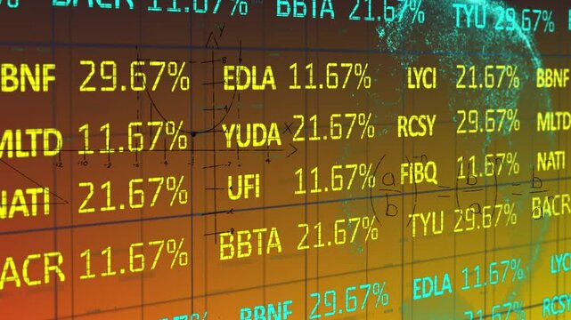 Animation of stock market data processing and mathematical equations on yellow gradient background