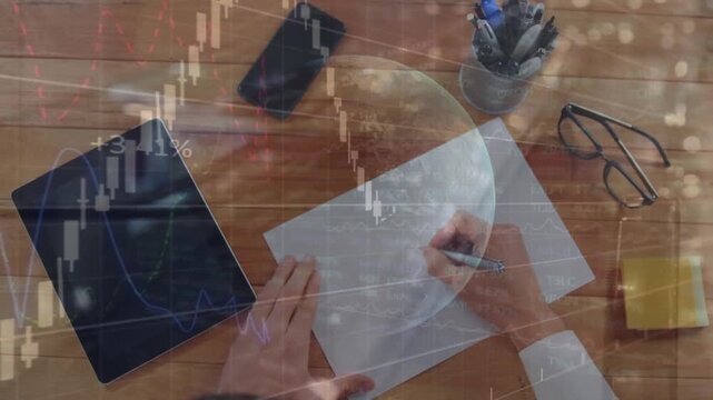 Animation of financial data processing and globe over man writing