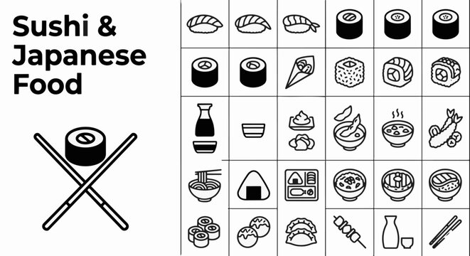 Professional sushi and Japanese food icon set featuring nigiri, maki rolls, temaki, sashimi, ramen, onigiri, bento boxes, and traditional appetizers in a clean linear outline style for restaurant menu