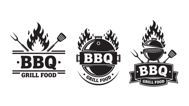 BBQ grill logos with flames, spatulas, and forks, presented in a stylized black and white graphic design.