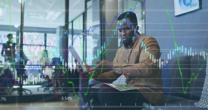 Animation of financial data processing over businessman in face mask with documents