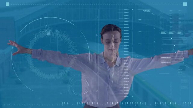 Animation of abstract pattern in circle, bars, moving train over caucasian woman trying to balance