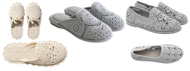  crochet adult slippers, simple floral motifs, soft sole, isolated on a clean white background, elegant and handmade look.