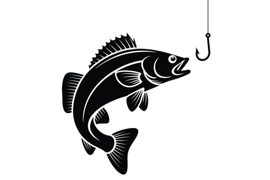 A black and white illustration of a fish with a fishing hook