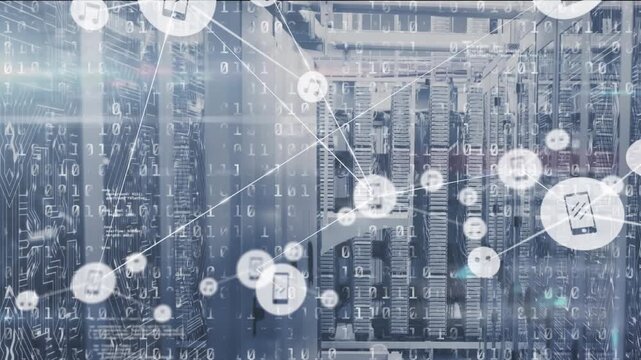 Animation of network of connections with icons and binary coding over computer servers