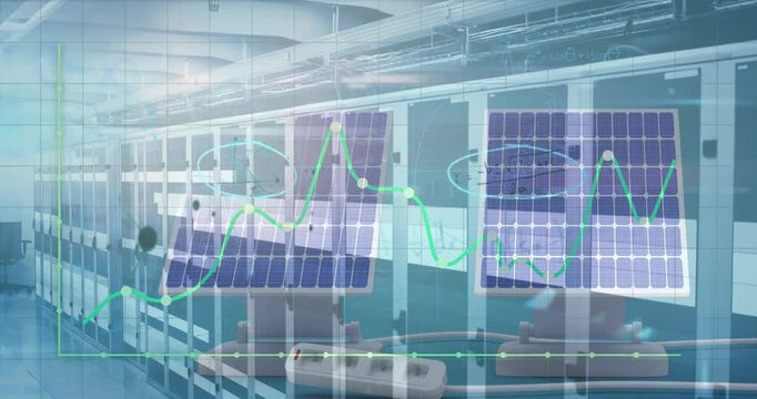Animation of statistical data processing over solar panel against computer server room