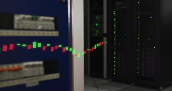 Animation of data processing over close up of computer server