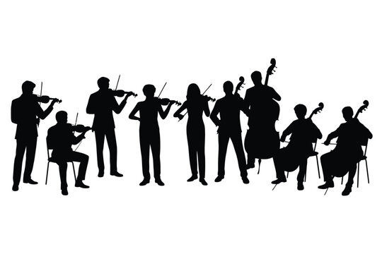 Silhouetted orchestra performing with violins cellos and double basses