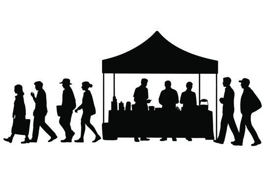 Black silhouette illustration depicting people at a farmers market stall