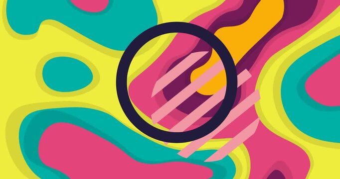 Animation of black and pink circles over neon retro pattern
