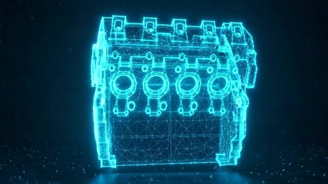 Neon-blue Automotive Engine Model Is Displayed In Dark Tech-inspired Setting With Shimmering Particles In The Background For Engineering Visualizations Presentations