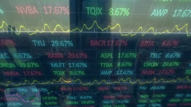 Animation of statistical and stock market data processing against aerial view of cityscape