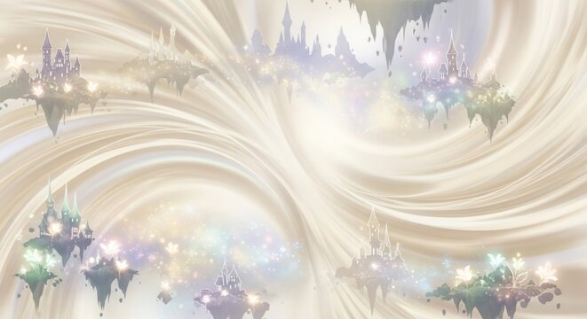 A magical, ethereal landscape with floating castles and glowing orbs in the sky.