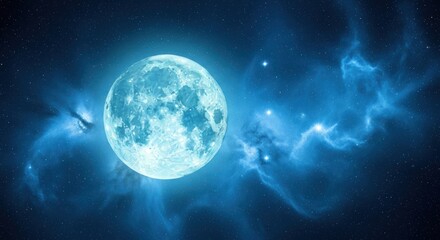 Obraz premium A vivid turquoise full moon illuminating a starry night sky with swirling blue nebulae, evoking a sense of cosmic wonder and serenity.