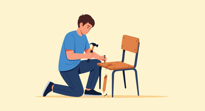 A young man kneels on the floor while using a hammer to repair a broken chair