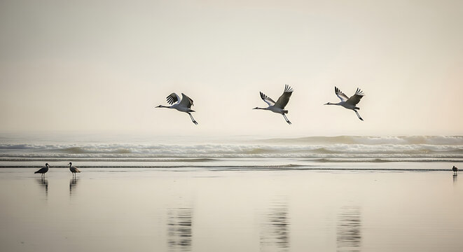 Three cranes flying over the ocean with birds on the shore whisk stock