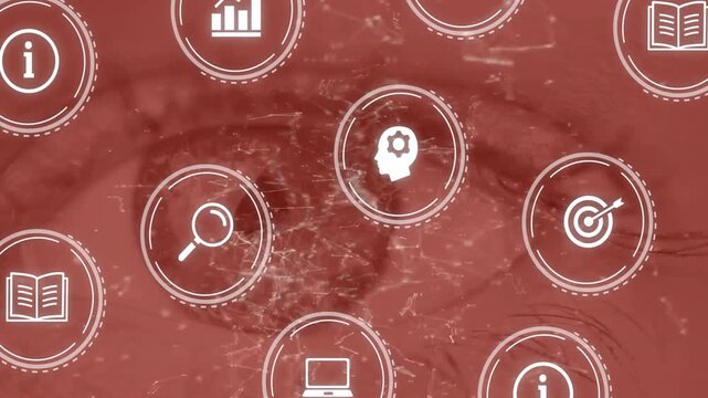 Animation of icons with scope scanning and network of connections over eye