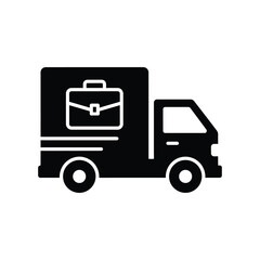 Naklejka premium Minimalist black delivery truck icon with a briefcase symbol representing professional logistics and corporate transport services on a white background