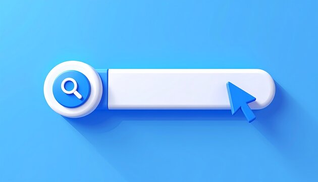 3D search bar with magnifying glass icon and mouse cursor on blue background