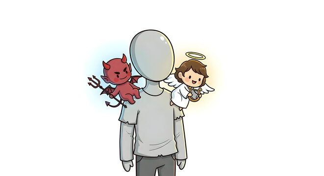 Man with angel and devil on shoulders, cartoon illustration, symbolizing inner conflict