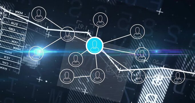 Central blue node pulsing, connecting white user icons, showing digital data network in animation