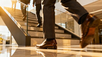 Obraz premium CloseUp Polished Shoes On Staircase Capturing Brisk Commute And Glossy Lobby Reflection, Businessperson Striding With Purpose, Warm Sunlight Highlighting Leather And Motion Blur Suggesting