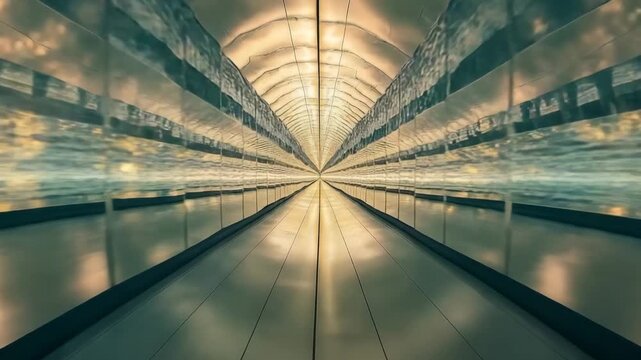 Mirror tunnel creating an infinite reflection effect with vibrant lights and a smooth pathway