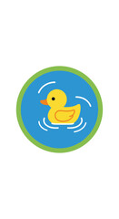 Fototapeta premium A small yellow rubber duck floats inside a circular blue icon with green border