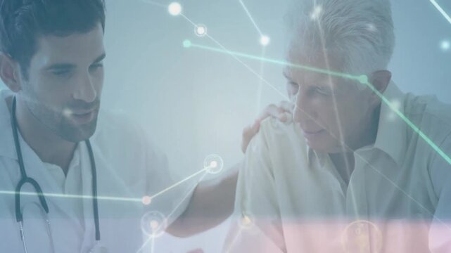Physician placing hand on patient shoulder in clinic explaining dosage with pulsing network overlay