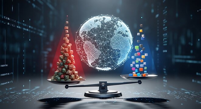 big data analysis comparison chaotic vs structured data artificial intelligence data processing global network balance concept.