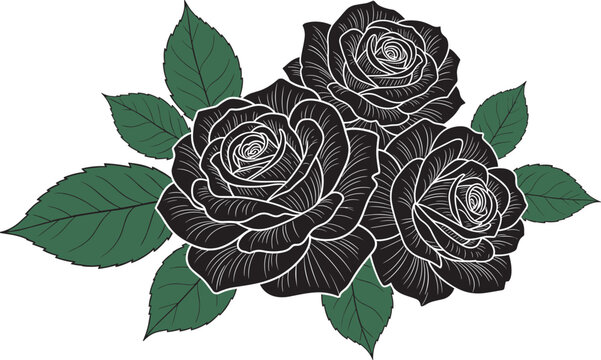 Black rose flower bouquet with dark green leaves representing gothic romance and elegance flat vector illustration isolated on white background