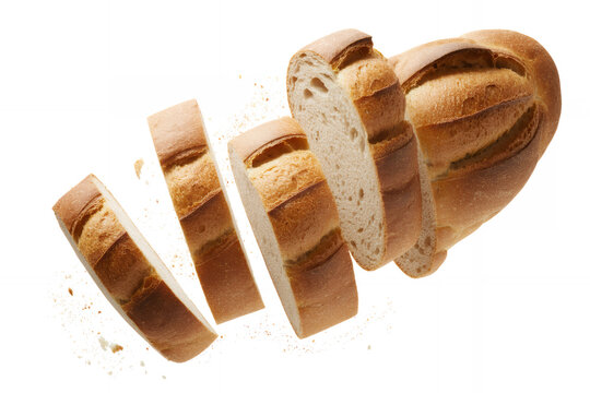 Sliced loaf of bread in mid-air flying crumbs