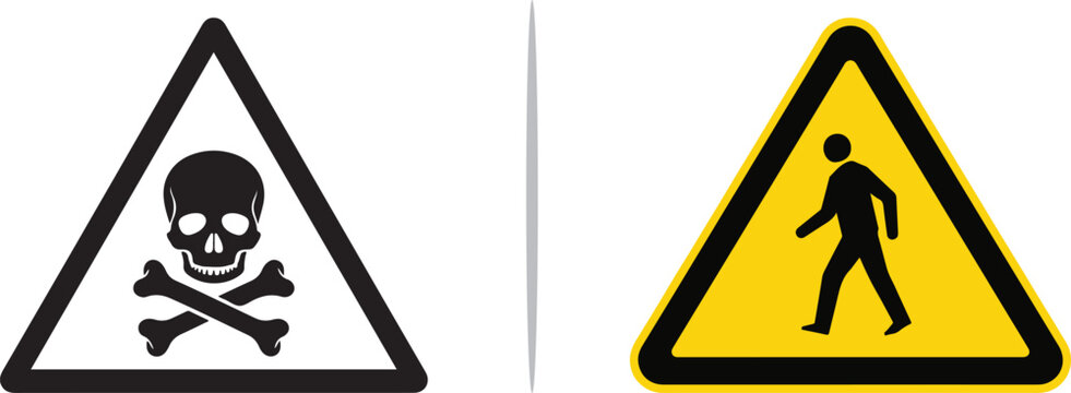 Vector safety signs featuring a black skull and crossbones "poison" warning and a yellow "pedestrian" caution triangle. Ideal for hazardous material alerts and traffic safety themes.